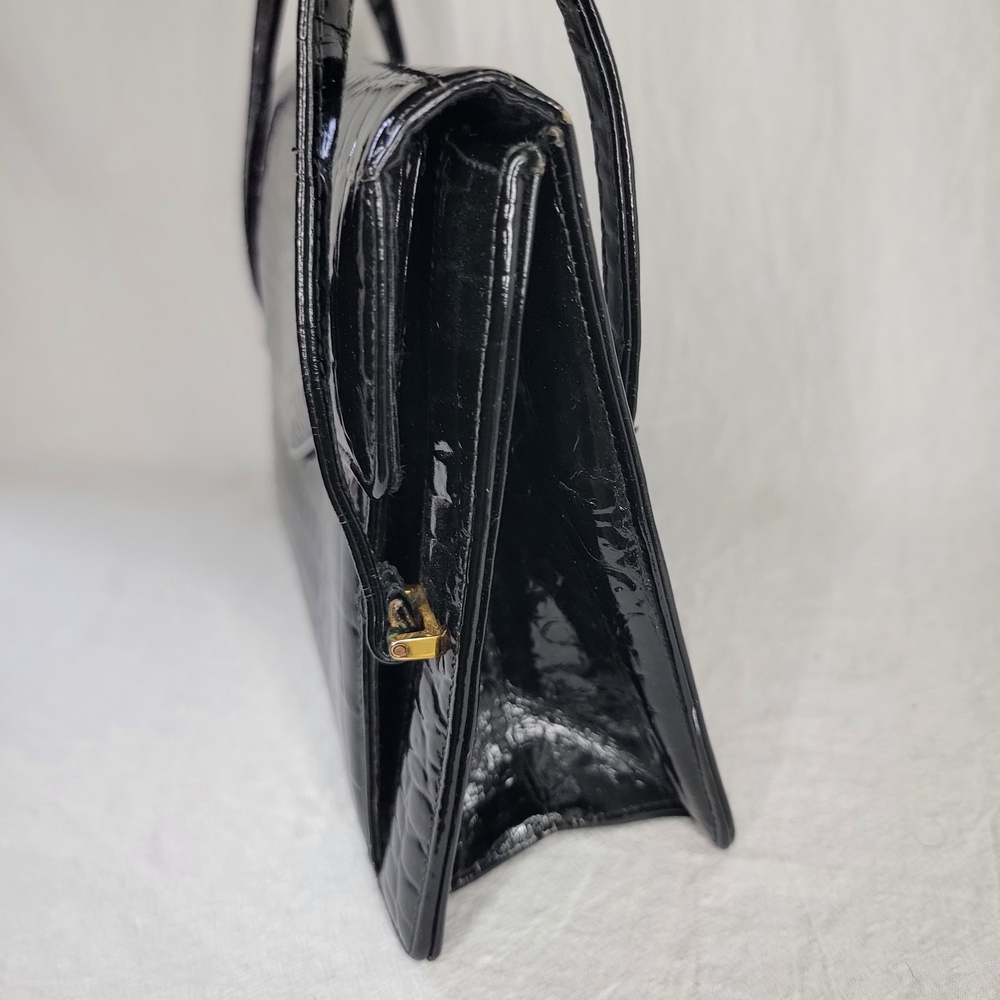 Vintage Goubaud de Paris 1950s Black Patent Croc Embossed Handbag Kelly Style - Picture 5 of 8